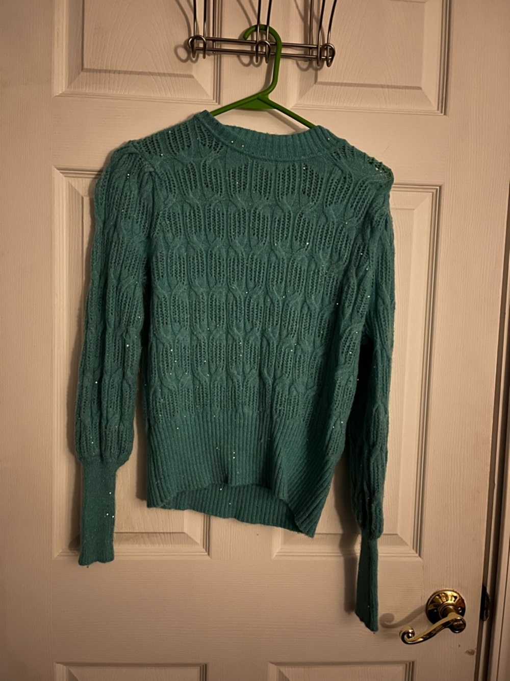 Cato Teal Open-Knit Crewneck Sweater with Subtle Sparkle
